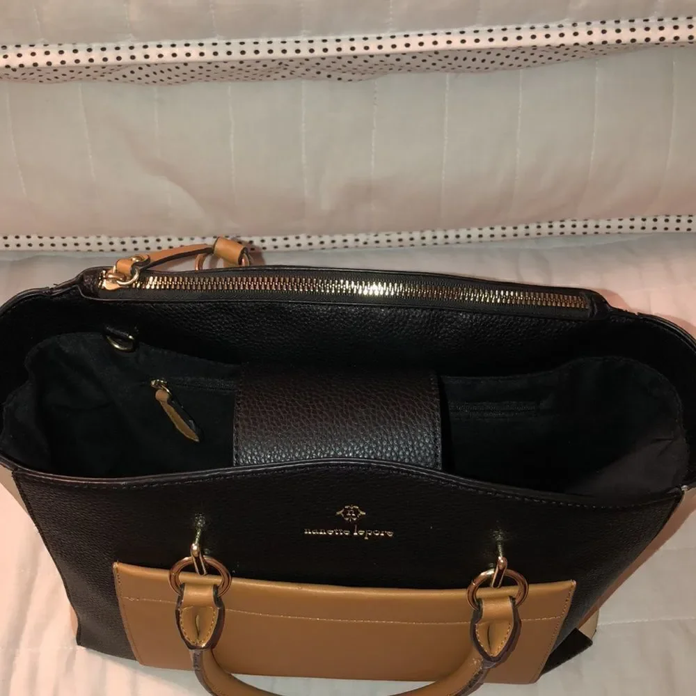 nanette lepore Darryl Color Block Black Camel Ivory Faux Leather Satchel